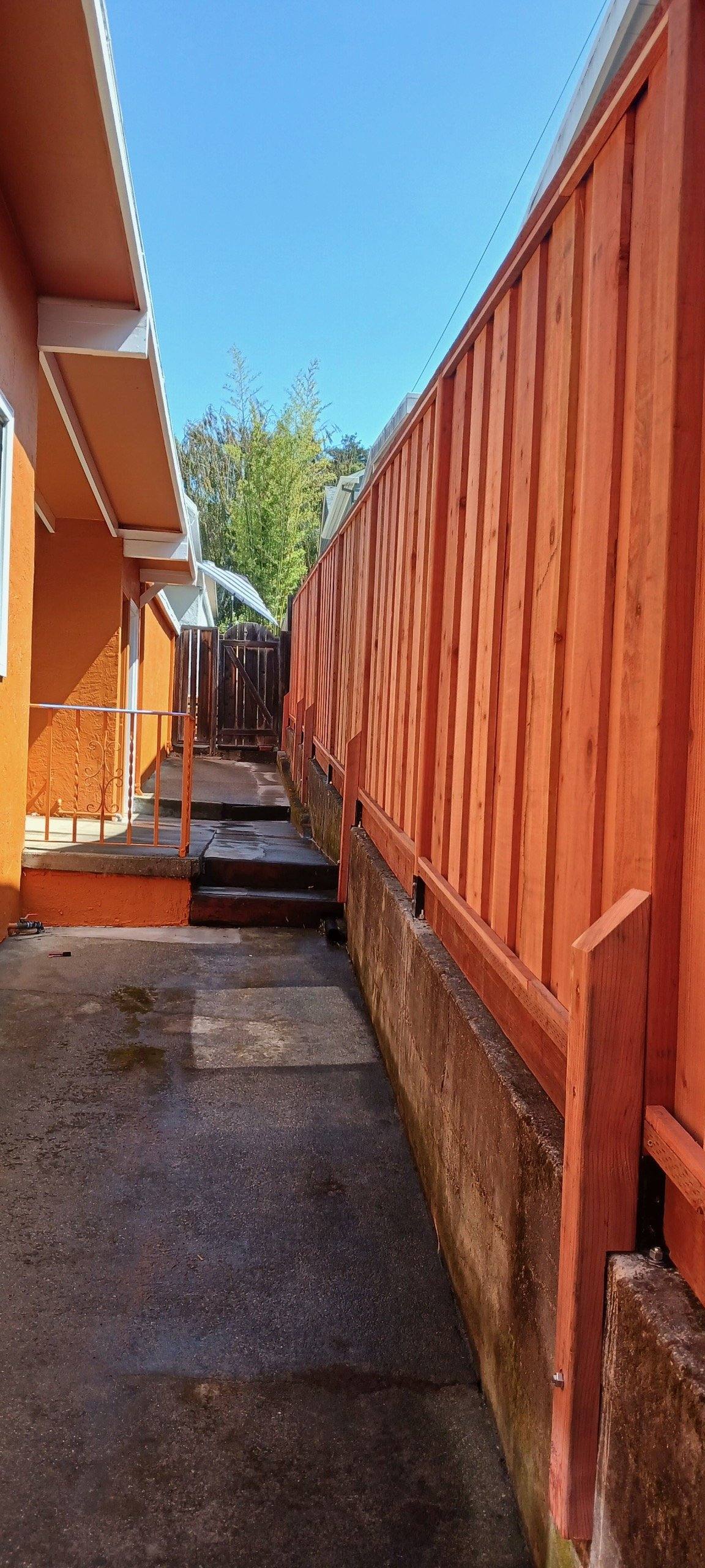 Freshly stained side-yard fence running the length of a walkway